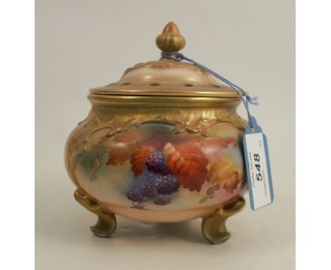 A Royal Worcester blush ivory pot pourri, decorated with blackberries and autumn leaves, shape number H183, height 5.5insCond