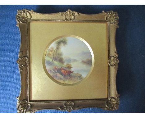 A Royal Worcester circular plaque, decorated with highland cattle by J Stinton, circa 1917, diameter 4.25insCondition Report: