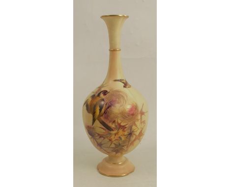 A Royal Worcester blush ivory quarter lobed vase, decorated with bullfinches and autumn leaves, shape G76, height 10.5insCond