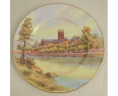A Royal Worcester porcelain cabinet plate, painted with a view of Worcester Cathedral, signed H Henry, diameter 11insConditio