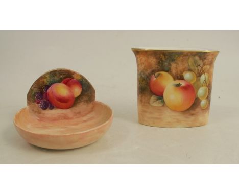A Royal Worcester match striker, decorated with hand painted fruit by Moseley, af, together with a Royal Worcester cigarette 