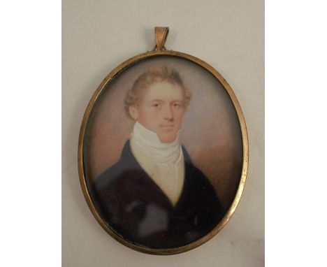 J Steele, a 19th century oval watercolour miniature painted on ivory, portrait of a gentleman, inscribed to back Painted by J