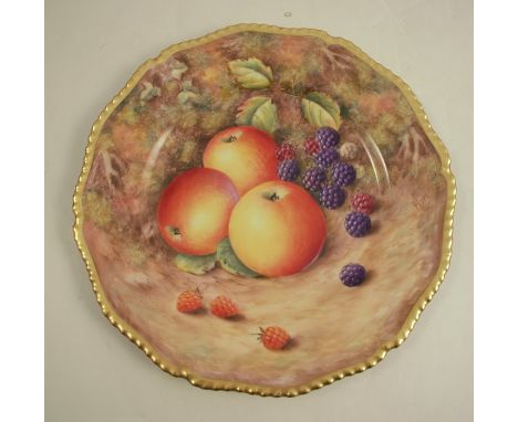 A Royal Worcester plate, decorated with hand painted fruit by Love, to a gadrooned border, af, diameter 10.5insCondition Repo