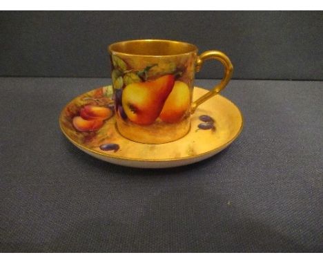 A Royal Worcester coffee cup and saucer, decorated with hand painted fruit by HaleCondition Report:  Good condition