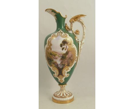 A Royal Worcester vase, decorated with a central landscape panel in the style of Harry Davis, to a green ground with a winged