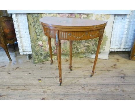 A Sheraton revival satinwood card table, decorated with 18th century portrait of a lady and floral sprays, width 30ins