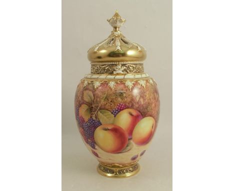 A Royal Worcester crown top pot pourri, decorated all around with hand painted fruit by P Platt, with inner and outer cover, 