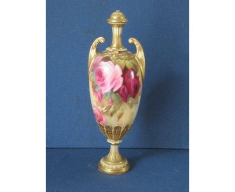 A Royal Worcester covered vase, decorated with roses by Sedgley, finial broken, shape H179, circa 1921, height 12insCondition