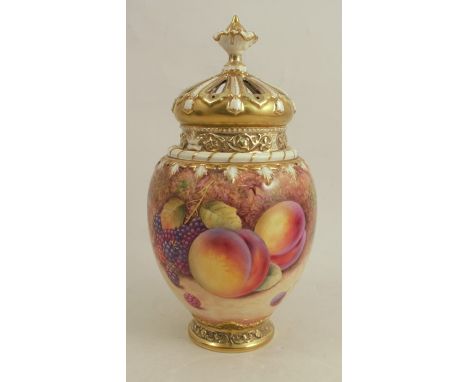 A Royal Worcester crown top pot pourri, decorated all around with hand painted fruit by P Platt, with inner and outer cover, 