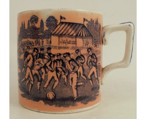 A Victorian Staffordshire blue and white transfer printed beer mug, the back and front with a scene of a football&nbsp; match