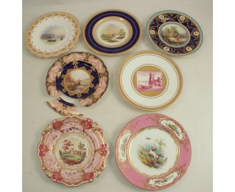 A collection of seven assorted English porcelain plates, decorated with flowers and landscapes, a Royal Worcester plate decor