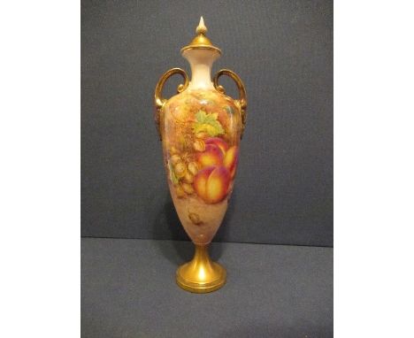 A Royal Worcester covered slender vase, decorated with hand painted fruit by Freeman, shape 2710/2, height 13insCondition Rep