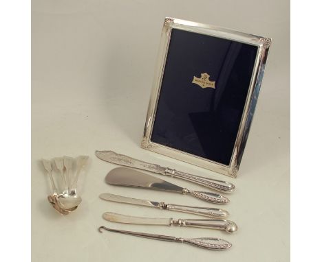 A modern silver mounted photograph frame, together with a quantity of hallmarked silver flatware and a cased Royal Wedding ja