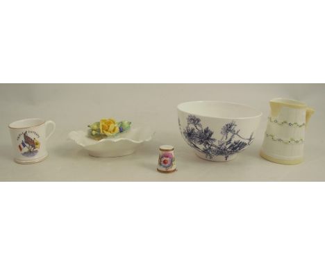 A group of Royal Worcester, to include a printed bowl, a small wicker jug, a floral encrusted dish, a thimble and&nbsp; minia
