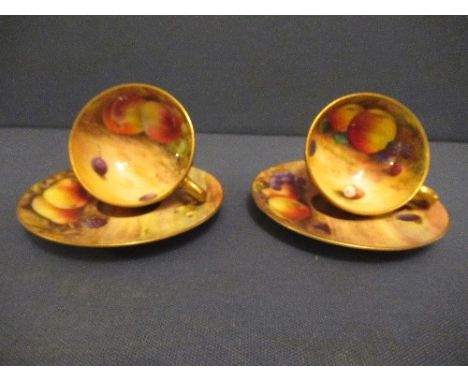 Two Royal Worcester miniature tea cups and saucers, decorated with hand painted fruit, by Hale, Price and AustinCondition Rep