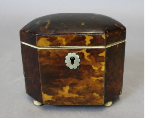 A 19th Century tortoiseshell single compartment tea caddy, with canted corners and domed cover, pewter stringing, on bun feet