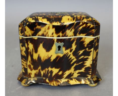 A 19th Century tortoiseshell single compartment tea caddy with domed cover, serpentine front, pewter stringing and flared apr