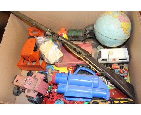 One box containing quantity of mixed tinplate plastic and similar children's toys to include a tinplate children's globe, var