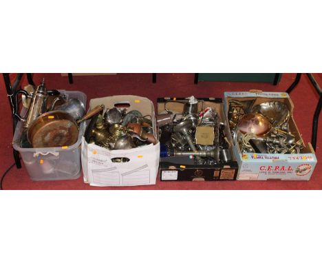 Four boxes of miscellaneous metalware, to include Georgian style silver plated coffee pot, pewter candlesticks, loose flatwar