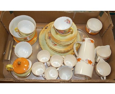 A box of miscellaneous china, to include early 20th century part tea service decorated with flowers, Palissy Autumn Flame cof