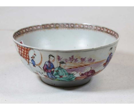 An early 19th century Chinese Canton bowl, the exterior enamel decorated with various figures within a mountain landscape, (d