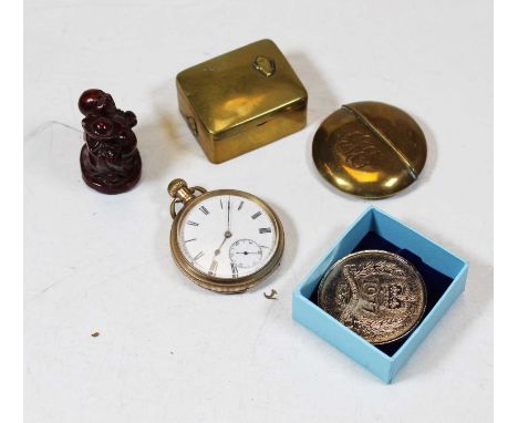 An early 20th century gold plated open faced pocket watch, having enamel dial with Roman numerals and subsidiary seconds dial