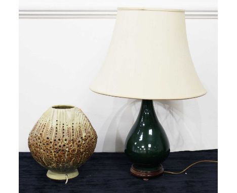 A Bernard Rooke style studio pottery table lamp; together with a green glazed table lamp (2)Condition report: Green lamp – so