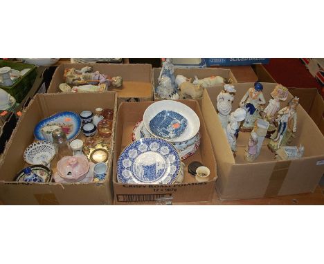 A collection of miscellaneous items, to include continental bisque figural spill-holders, calendar plates, trinket jar and co