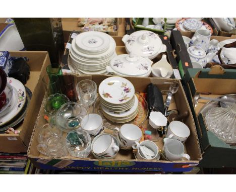 Three boxes of miscellaneous items, to include a Bristol bone china part dinner service, various lace and linen, Royal Worces