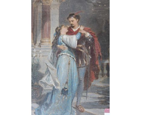 Continental school, late 19th century, full-length portrait of a lady and gent embracing within a classical setting, overpain