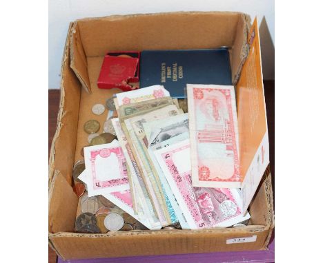 A collection of Great British and world coins and banknotes, to include Victorian pennies, Britain's first decimal coins, hal