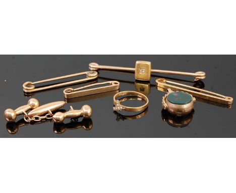 A 9ct gold and diamond set safety pin bar brooch, 5.8g, 7cm; together with two other 9ct gold safety pin bar brooches, 5.1g; 