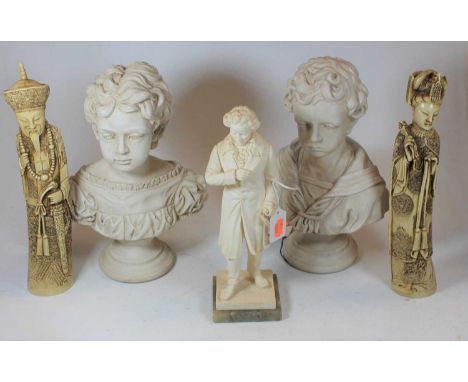 A modern Italian resin figure of Beethoven, on marble plinth, h.28cm; together with a pair of reproduction portrait busts; an