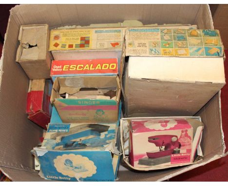 One box containing a quantity of mixed children's toys and accessories to include Chad Valley Escalado, a Singer So Handy Sew