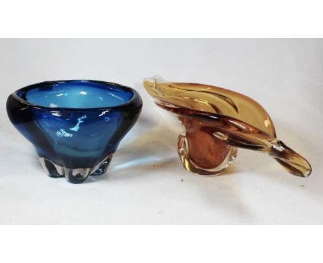 A mid-20th century amber tinted studio glass table bowl, w.48cm; together with a blue glass bowl (2)Condition report: Amber e