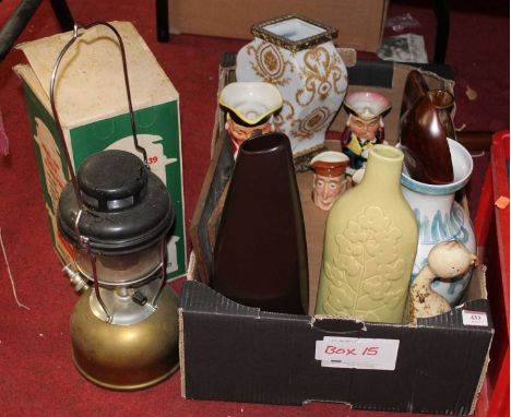 A box of miscellaneous items, to include modern vase, Toby jugs, boxed kerosene lamp etc 