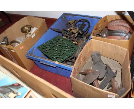 Four boxes of miscellaneous items, to include Art Deco ceiling light pendant, cobbler's lasts, metalware etcCondition report: