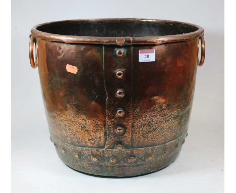 A 19th century copper log bin, of riveted construction, having ring handles, h.30cmCondition report: No splits or holes appar