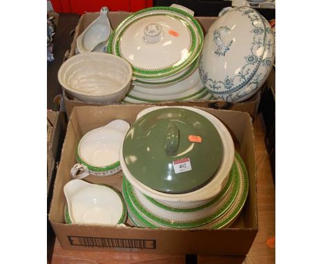 Two boxes of miscellaneous china, to include Alfred Meakin part dinner service, ceramic jelly mould etc 