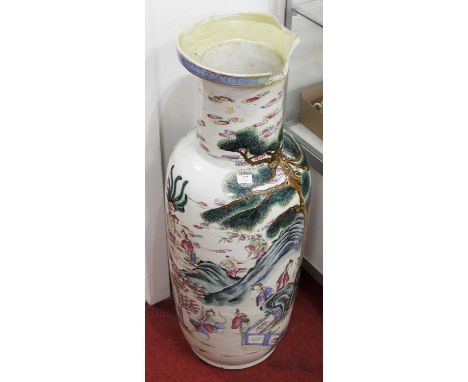 An large Chinese export floor vase, enamel decorated in the Hundred Boys pattern, showing various figures within landscapes, 