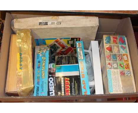 One box containing a quantity of mixed children's board games and toys to include a Britains Riding School No. 4714 playset, 