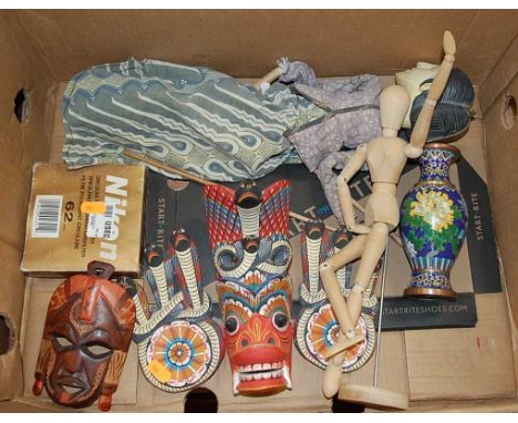 A box of miscellaneous items, to include Indonesian shadow puppet, modern carved softwood masks, cloisonné enamelled vase etc