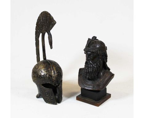 A contemporary head and shoulders bronzed portrait bust of an Egyptian soldier, on square plinth, h.16cm; together with a bro