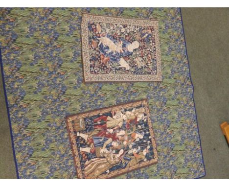 A machined iris pattern tapestry and two small French tapestries in the antique style. (3)