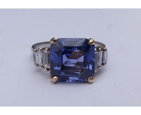 A certified colour change Sri-Lankan sapphire & diamond ring in art deco style , the natural untreated sapphire of emerald cu