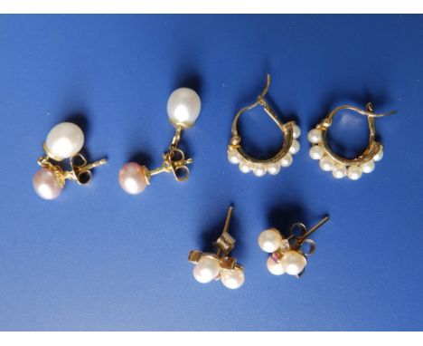 Three pairs of modern pearl earrings. (6)
