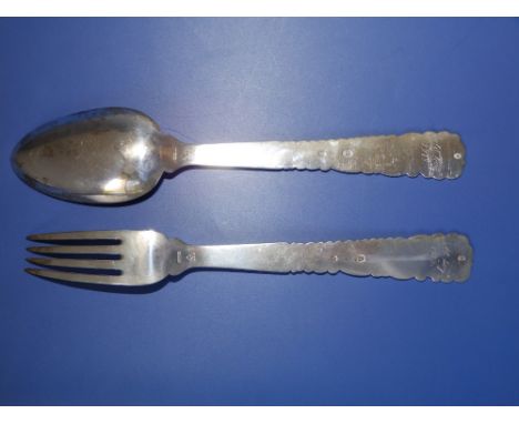 A Danish silver presentation dinner fork & spoon – 'Old Boy 1917', 9.25”..