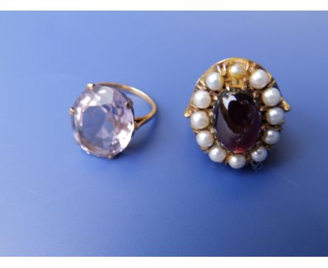 A garnet & pearl cluster ring – a/f and a pale amethyst ring. (2)