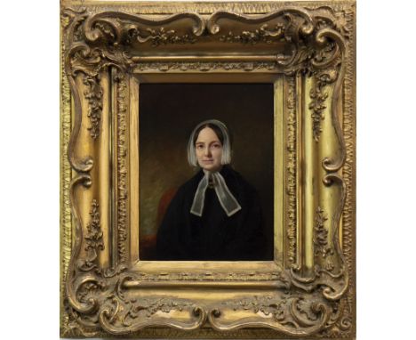 BRITISH SCHOOL (19TH CENTURY), PORTRAIT OF A LADY IN A BONNET oil on panel 25.5cm x 25.5cm Framed