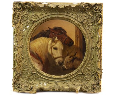 ATTRIBUTED TO JOHN FREDERICK HERRING (BRITISH 1795 - 1855), PORTRAIT OF TWO HORSES AND A DONKEY oil on canvas 35cm x 35cm Fra